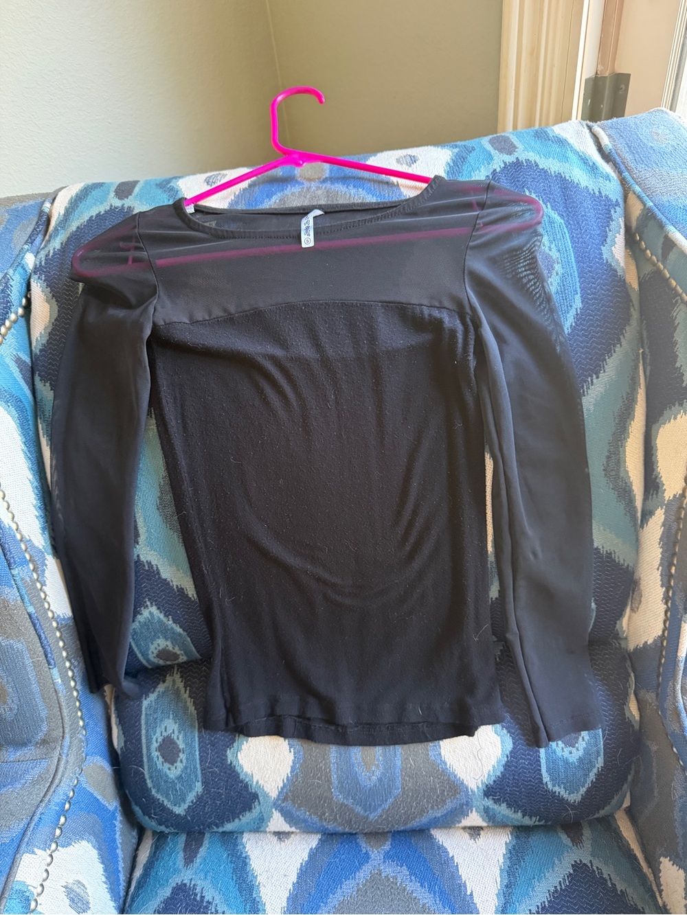 Women's Black Long-Sleeve Sheer Panel Top - Picture 1 of 4